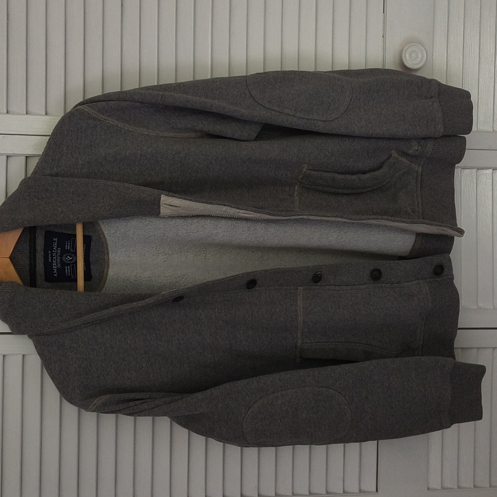 American Eagle Shawl Collar Grey Cardigan Button Fleece Lined Men's- Size‎ Large